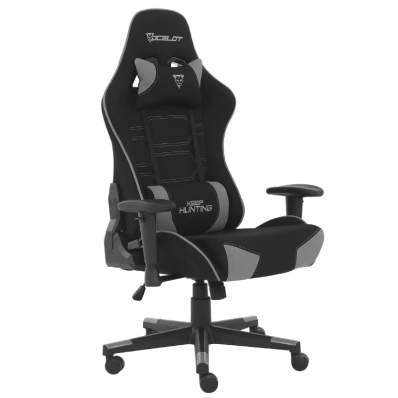 SILLA OCELOT GAMING OST-BLACK MIST / TELA AUTOMOTRIZ / BASE NYLON AJUSTABLE / DESCANSABRAZOS 1D / PISTON CLASE 4 / RECLINABLE 90-155 GRADOS / HASTA 150KG / COJINES LUMBAR Y CERVICAL / COLOR NEGRO CON